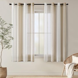 EMEMA Modern Voile Curtains with Eyelets Set of 2 Transparent Stripes White and Light Green 140 x 175 cm for Living Room Bedroom Simple Elegant Design