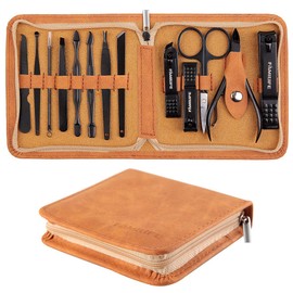 FAMILIFE Manicure Set, Professional Manicure Kit Nail Clippers Set 13pcs Stainless Steel Pedicure Tools Kit Grooming Kit with Portable Brown Leather Travel Case for Women Girl Men