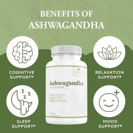 Ashwagandha 650mg w/Black Pepper Extract, Stress & Coritsol Support, Immune Support Supplement, 60 ct