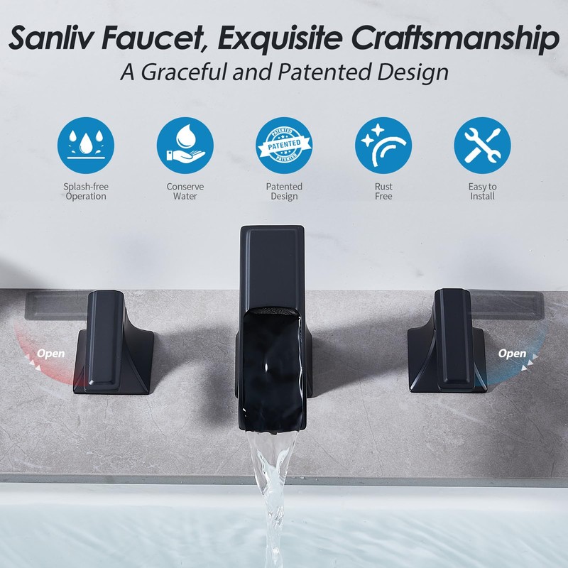 Black Waterfall Bathroom Faucet, Sanliv 3-Piece Widespread Bathroom Faucet for