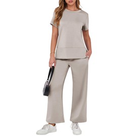 ANRABESS Women 2 Piece Lounge Sets Summer Travel Sweat Outfits Short Sleeve Wide Leg Casual Matching Tracksuits Clothes Light Khaki XX-Large