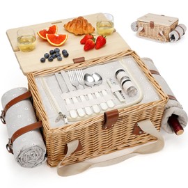 HappyPicnic Picnic Basket for 2, Handmade Wicker Picnic Set with Folding Table and Waterproof Blanket, Large Insulated Picnic Basket with Wine Bag & Cutlery Kit for Picnic, Camping, Holidays (Flower)
