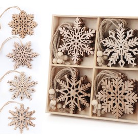 ilauke 20 pcs Unfinished Christmas Wood Snowflake Ornaments - 4 Style of Snowflake Ornaments Bulk with Twine, Christmas Tree Decorations Tags(2.75"-3.15")