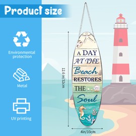 Metal Surfboard Sign Decor A Day at The Beach Restores The Soul Plaque Hanging Beach Decor for Wall and Door Outside Decor, 4 x 12.6 Inch