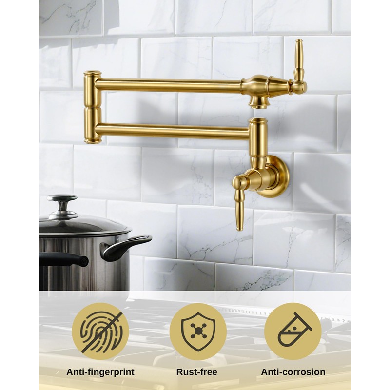 Pot Filler Faucet Brushed Gold: Solid Brass Wall Mount Heavy