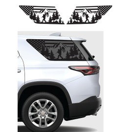 Compatible with Chevy Traverse 2018-2023 | Precut Sasquatch Bigfoot Mountain Forest Outdoor Scene US Flag Window Decals | Proudly Made in The USA | Matte Black (US Flag Bigfoot Mountain)