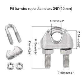 TOP-VIGOR M10 Wire Rope Accessory Set for 3/8" Dia Wire Rope, 12Pcs Wire Rope Cable Clip Clamp, 6Pcs Thimble Rigging, 6Pcs Aluminum Crimping Loop Sleeve