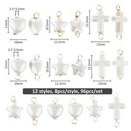 SUPERFINDINGS 96 Pcs Pearl Pendant Connectors, 12Styles Freshwater Pearls for Jewelry Making Acrylic Connector Charms Star Cross Heart Pearl Bead Pendants, 19~26mm Length