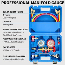 Sutekus AC Gauge Set 3 Way AC Manifold Gauge Set Freon Charge Kit with Hoses Couplers & Adapter for R410 R22 R134A R404 Refrigerant