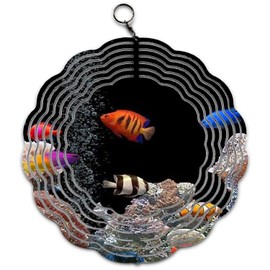 Colorful Aquarium Fish Design Wind Spinner Art 10 inch for Garden Decor with Swivel Hook, Double Sided Circle Hanging Wind Spinner Sea Creature Tree Hanger for Yard Porch Front Door