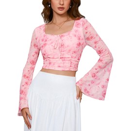 Verdusa Women's Floral Print Square Neck Lettuce Trim Long Bell Sleeve Ruched Tee Shirts Pink Large