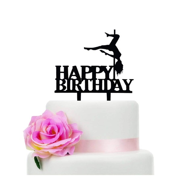 Black Acrylic Pole Dancer Happy Birthday Cake Topper, Birthday Party Cake Decoration, Sports Theme Cake Topper (Pole Dancer)