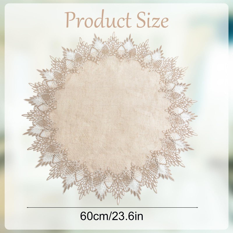 URROMA Round Doilies Linen 60x60cm Beige Tablecloth Lace Trim Coffee
