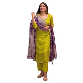 TRENDMALLS Women's Silk Embroidery Kurta Pant Set with Banarasi Dupatta (G238-Green-3XL)