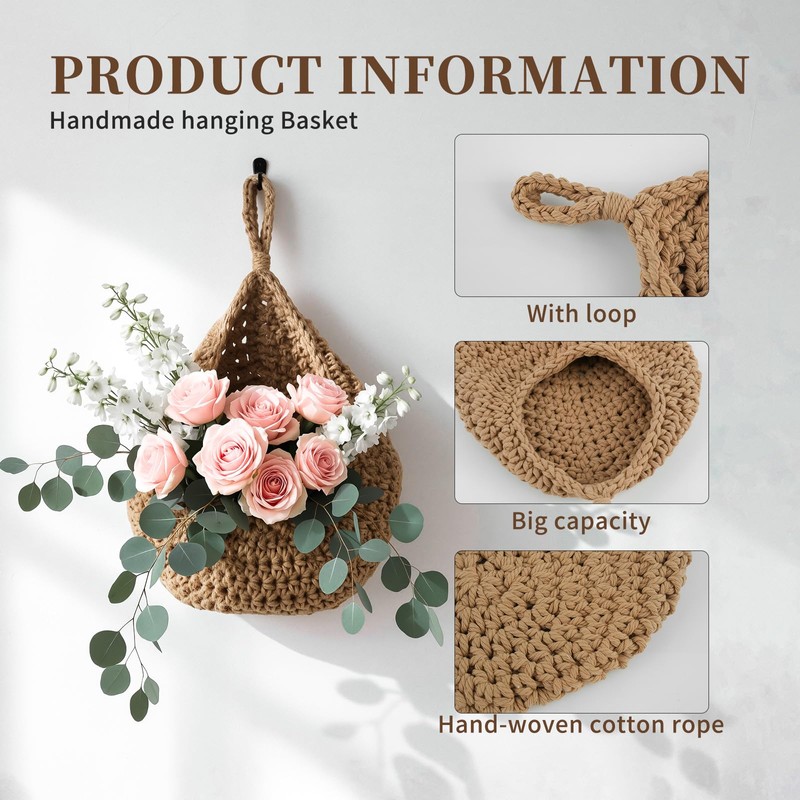 3 Pack Teardrop Woven Hanging Basket Wall Basket Cotton 3