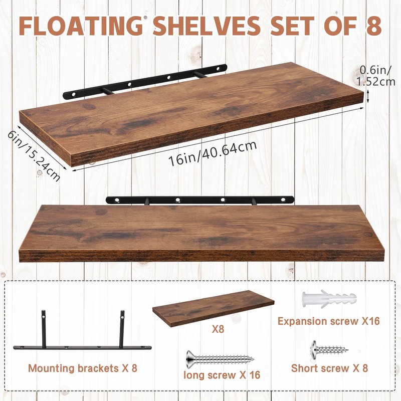 Sliner 8 Pcs 16'' Floating Shelves for Wall with Invisible