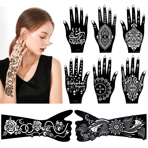 HOWAF 8 Sheets Black Tattoo Stencils for Hand Arm Body Painting, Temporary Tattoo Mandala Flower Indian Arabian Tattoos Stickers Stencils for Girls Adults Makeup Halloween