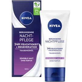 NIVEA Beruhigende Nachtpflege 24h Feuchtigkeit + Regeneration, parfumfreie Gesichtscreme für sensible Haut, zarte Nachtcreme mit Traubenkernöl