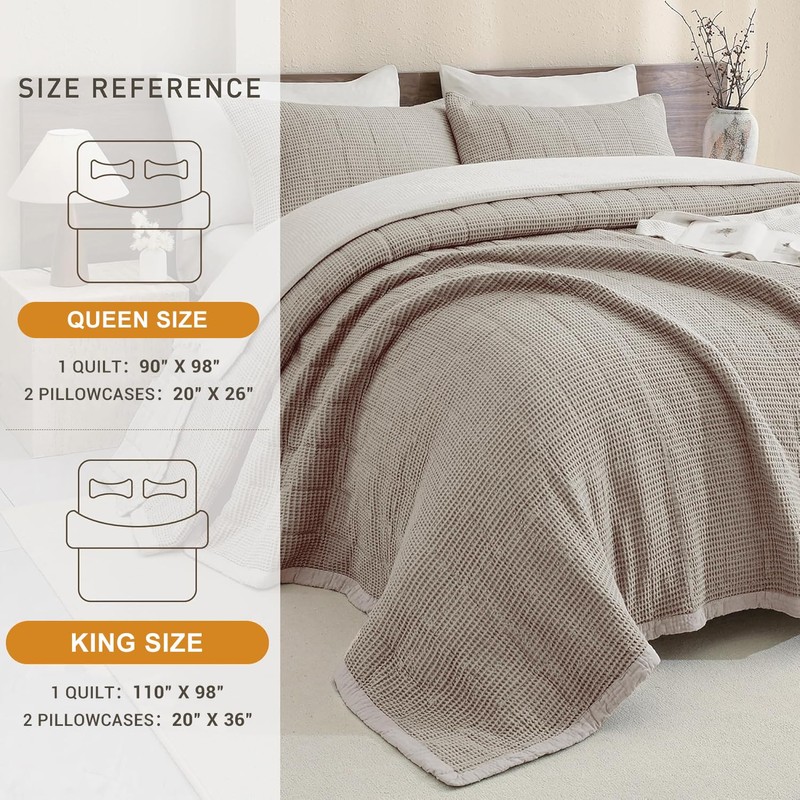 CozyTide 100% Cotton King Size Quilt(110x98 Inch),Dark Khaki Lightweight Waffle