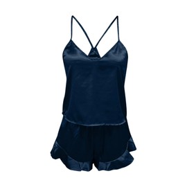 Celucke Women's Satin Pajama Set, V Neck Camisole Top and Shorts Sleepwear Luxurious Comfortable Nightwear for Ladies, Satin Pyjamas For Women, Pj Shorts Set, Ladies Comfort Lounge Wear Navy