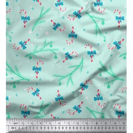 Soimoi Green Velvet Fabric Spruce Leaves & Candy Stick Christmas Fabric Prints by Yard 58 Inch Wide