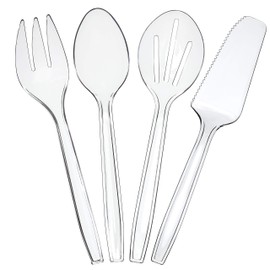 Plasticpro Disposable Plastic Serving Utensils Set of 12, 3 Spoons, 3 Forks 3 Knives, 3 Sifting Spoons, Clear Heavyweight