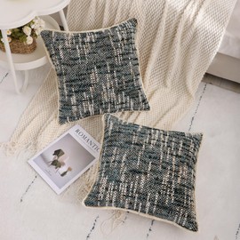 LUOYEHK Boho Throw Pillow Covers 18x18 Set of 2 Chenille Pillow Cases with Fringe Tassels Farmhouse Rustic Decorative Pillows Texture Cushion Covers for Couch Sofa Bed Living Room, Green