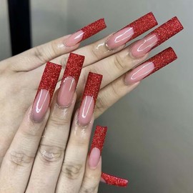 Long Press On Nails Square Fake Nails French Tip False Nails With Red Glitter Design Acrylic False Nails Full Cover Artificial Nails Glossy Glue On Nails Stick On Nails For Women Manicure Art 24pcs