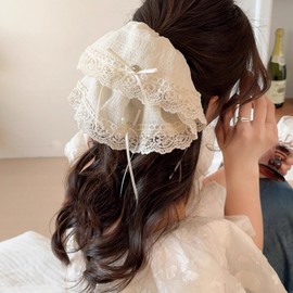 Jseng 2PCS Extra Large Lace Scrunchies for Hair, Korea Lace Hair Ties, Beige and Black