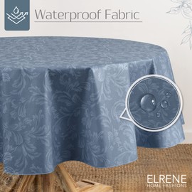 Elrene Home Fashions Camile Floral Damask-Scroll Water- and Stain-Resistant Vinyl Tablecloth with Flannel Backing, 60 Inches X 84 Inches, Oval, Blue