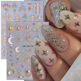 2 Blätter Bohemian Style Nageldecal, 5D Relief Stern Nagelkunst-Sticker, selbstklebend, Sonne Mond Nagel-Sticker, Bohemia Nagel-Designs, Stern Nageldecoration für Frauen und Mädchen