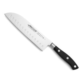 ARCOS Cuchillo Santoku Acero Inoxidable. Cuchillo cocina profesional japonés cortar carne, pescado y verduras. Mango ergonómico polioximetileno y Hoja 180 mm. Serie Riviera. Color negro.