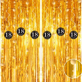 Gold Black Tinsel Backdrop 18th Birthday Party Backdrop Decorations,18th Tinsel Hanging Swirls Birthday Decorations,Black Gold Curtain Streamers Tinsel Backdrop for 18th Him Men Women Birthday Party