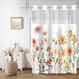 No Hook Floral Shower Curtain with Snap in Liner Set, Wildflower Style with Inner Liner Washable for Bathroom, 71x74 Inches