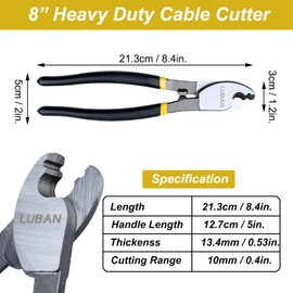 LUBAN 8 Inches Heavy Duty Cable Cutter, High Leverage Cutter for Aluminum, Copper, Wire, Communications Cable, Cutting Range: 10mm/0.4in.