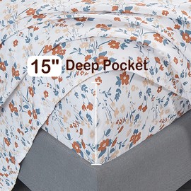 Floral Full Sheet Set Orange Flower Bed Sheets Full Printed Sheets Double - 4 Piece Soft Microfiber Patterned Fitted Sheets Full with 15" Deep Pocket