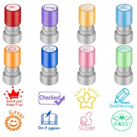 SQAQS 8 Pieces Teacher Stamps, Rich Variety, Light-Sensitive Stamps, Teacher Self-Inking Rubber Stamp, Teacher Review, Reward Stamp for Teachers, Ink Stamps for Children, Set C