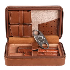 Humidor for 4 Cigars, Cedar Wood Interior, Woven Grain Leather, Complete with Stainless Steel Cigar Cutter, the Humidor Would Make a Great Gift for Birthdays, Groomsmen or Father's Day
