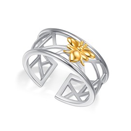 KINGWHYTE Bee Ring 925 Sterling Silver Bee Open Ring Adjustable Animal Rings Jewellery Birthday Christmas Gifts for Women