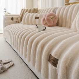 Huierxun Fuzzy Rabbit Plush Sofa Cover Thick Soft Fur Sectional Couch Cover Furry Fluffy Cushion Cover Non-Slip Sofa Slipcovers Vertical Stripe Furniture Protector for Dogs Cats(Cream,36"x47")