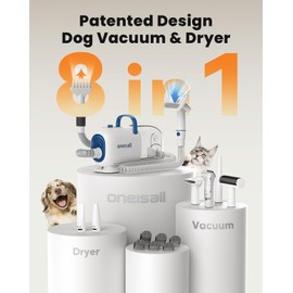 oneisall Dog Vacuum & Dryer for Shedding Grooming, 8 in 1 Dog Grooming Kit with Metal Blade Pet Clippers, Adjustable Speed and Temperature Control Blower