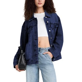 Hixiaohe Oversized Jean Jacket Women Fashion Long Sleeve Button Down Denim Jacket Loose Boyfriend Trucker Jean Coats(Dark-Blue,L)
