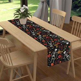 Camino de mesa gótico floral, diseño de calavera retro, diseño de esqueleto de flores para Halloween, día de los muertos, decoración de centro rústico para el hogar, cocina, sala de estar, patio