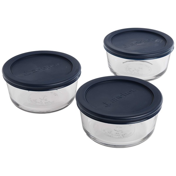 Anchor Hocking 2-Cup Round Glass Food Storage Containers with Blue SnugFit Lids, (6-piece, BPA and lead free, glass tempered tough for oven, microwave, fridge, and freezer)