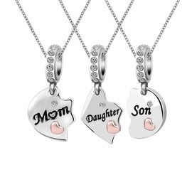 KunBead Jewelry 18 inch Mother Daughter Son Puzzle Love Rose Gold Tone Heart Crystal Charm Pendant Matching Necklaces set for 3 Gifts for Mum