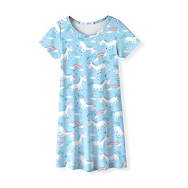 Arshiner Pajamas Children Girls Nightgown Short Sleeve Nightdress Blue Unicorn Sleepdress Round Neck Sleepwear 11-12 Years