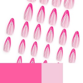 Pink French Tip Press on Nails Glitter Fake Nails Silver Line with Rhinestone Design Medium Almond Glue on Nails Glossy Artificial Acrylic Full Cover Nude Stick on Nails for Women Manicure 24Pcs
