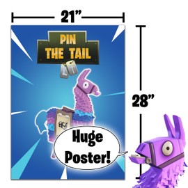 Battle Royale Party Supplies - Pin The Tail on The Llama Party Game for Kid's Birthday Celebration | Poster with 30 Tail Stickers & 2 Masks