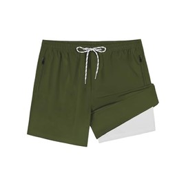 Gleeease 5Inch Mens Swim Trunks: 2 in 1 Compression Liner Quick Dry Stretchy Soft Lined for Beach Pool Sport Dark Green