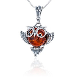 AMBEDORA Damen Halskette Weise Eule mit Bernstein, 925 Oxidiertes Sterling Silber, Cognacfarbener Baltischer Bernstein, Silberanhänger mit Kette